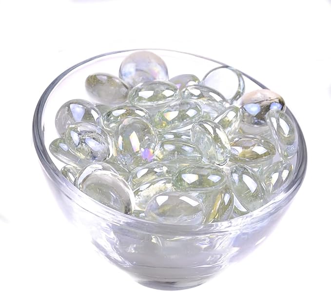 KINGOU Flat Glass Gems/Marbles/Stones/Beads for Vase Filler, Table Scatter, Games - 1 Lbs (17-19mm, Approx. 3/4") (Clear, Standard)