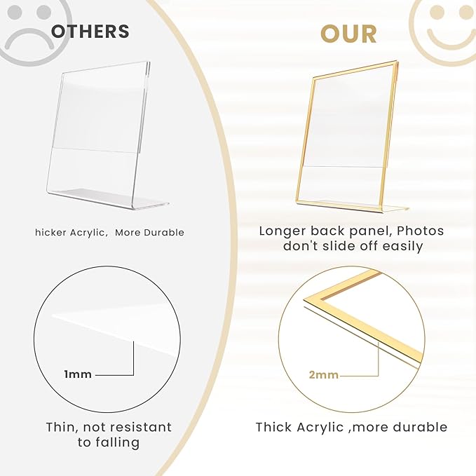 Acrylic Gold Frames 5X7, Slanted Back Gold Picture Frames Table Acrylic Sign Holder for Photos Wedding Table Numbers and Art Display with Removable Clear Sticky Dots，6 Pack
