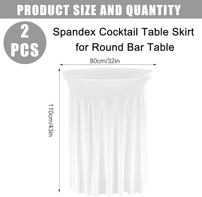 Fivenl 2 Pack Spandex Cocktail Table Skirt 32"x 43" White Stretch Cocktail Table Cover, Washable Round High Top Tablecloth for Bar, Wedding, Party, Events (White)