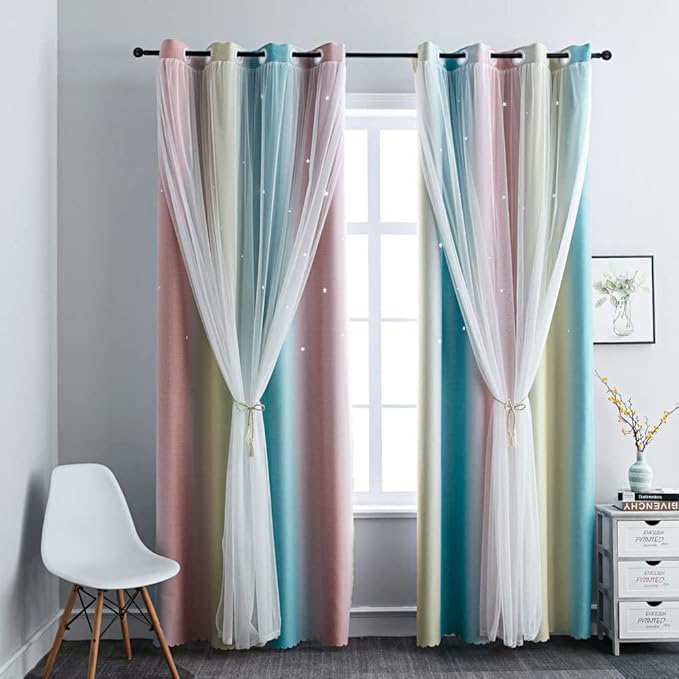 FANLI Ombre Rainbow Blackout Curtains for Kid Girls Bedroom Living Room Darking Stripe Double Layer Star Cut Out Wall Home Decor Gradient Grommet Window Curtains (Pink/Blue, 52W x 72L)