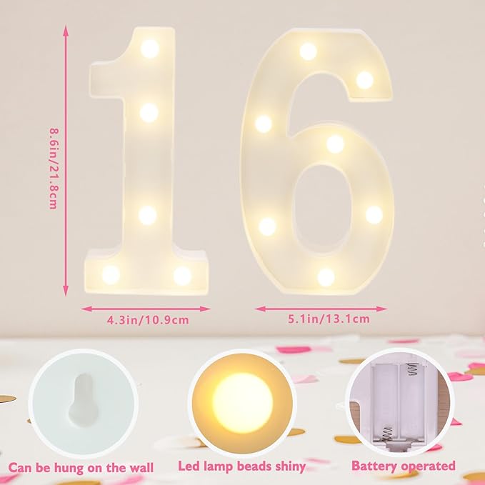 Decorative Led Light Up Numbers, 16th Birthday Decorations, Warm White Led Numbers Lights, Lighted Marquee Number Sign for Sweet 16th Party Decor