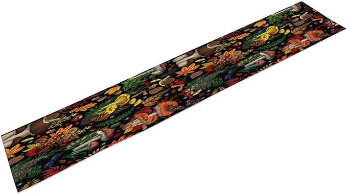 Nature Mushroom Table Runner,Retro Boho Floral Botanical Plant Forest Pattern Print Tablecloth Burlap for Hotel Indoors Outdoor Dining Room Kitchen Holiday Party, 13x108in
