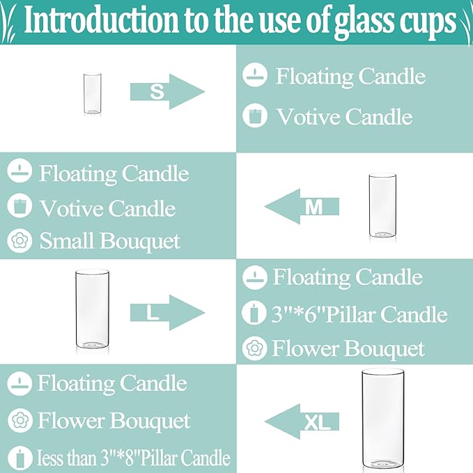Set of 12 Pcs Glass Cylinder Vases for Centerpieces with 18 Pcs White Floating Candles for Centerpieces Glass Candle Holder for Table Shelf Wedding Party Home Decor (4"+6"+8"+10")