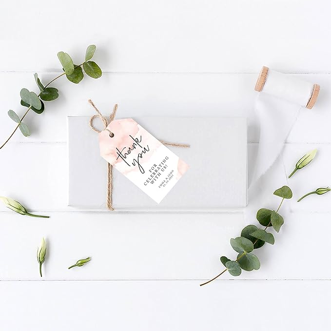 Andaz Press 100-Pack Personalized Thank You for Celebrating with Us Wedding Favor Tags with Bakers Twine Coral Brushed Watercolor Custom Cardstock Wedding Gift Tags for Party Favors 2 x 3.75-Inches