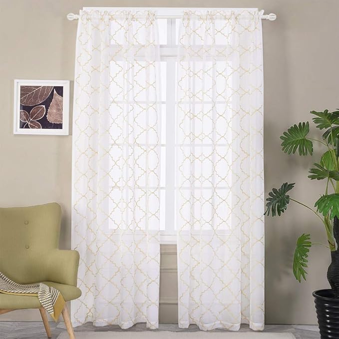 Sheer Curtains Gold 95 Inches Long, Rod Pocket Drapes for Living room, Bedroom, Embroidered Moroccan Tile Lattice Design Semi Crinkle Voile Curtain Panels for Patio, Villa, Parlor, Set of 2, 52"x95".