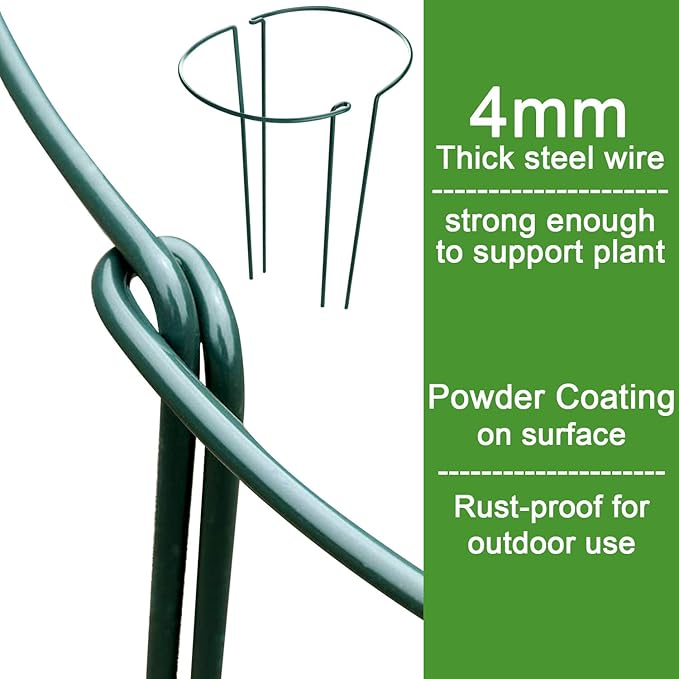 HiGift 16 Pack Plant Support Stakes, Half Round Metal Garden Plant Stake Indoor Peony Cages and Supports, Green Plant Support Ring Border for Tomato,Hydrangea,Flower Outdoor (10" Wide x 15.8" High)