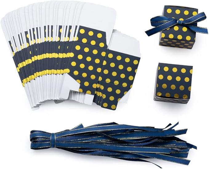 Navy Blue Gift Candy Box with Gold Dots Bulk 2x2x2 inches with Ribbon Party Favor Box for Birthday Graduation Party, Gold Dots,Pack of 50