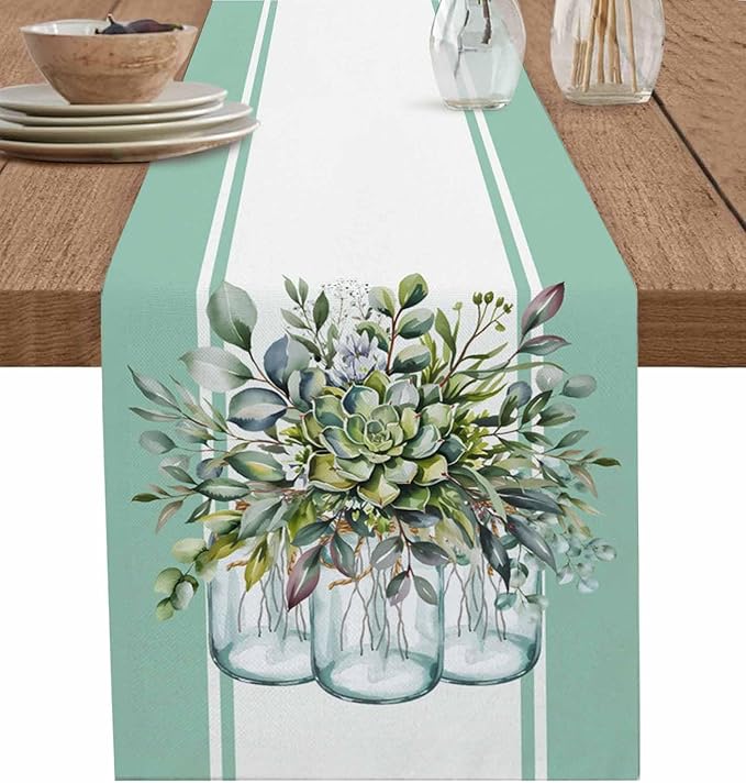 Eucalyptus Cotton Linen Table Runner for Dining Kitchen, Wedding Outdoor Party Tablerunners Decoration, Green Leaves Botanical Plants Watercolor Dresser Scarf Coffee Tablecloth Runners 13x120 Inches