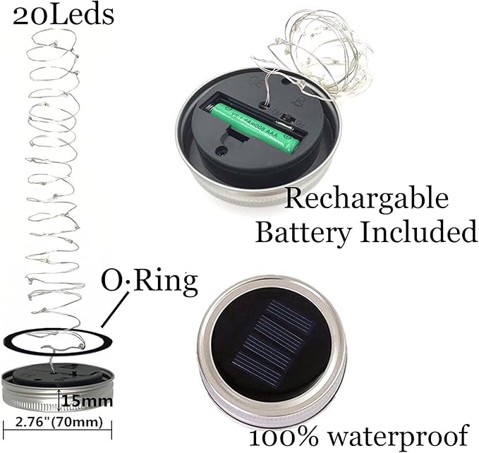 Upgraded Solar Mason Jar Lights, 8 Pack 10 LED Waterproof Fairy Firefly Jar Lids String Lights with Hangers(Jars not Included), Patio Yard Garden Wedding Easter Decoration - 8 Colors
