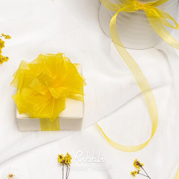 Ribbli Daffodil Yellow Organza Ribbon,1 Inches x Continuous 50 Yard,Yellow Sheer Ribbon for Gift Wrapping,Cookie Wrapping,Wedding Decoration,All Crafting and Sewing