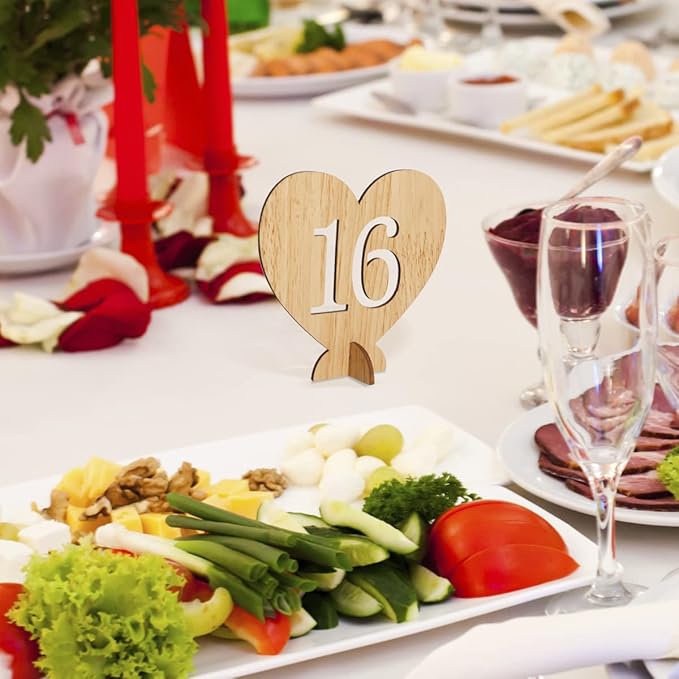 Heart Shape Wooden Table Numbers 1-20 With Holder Base - Rustic Hollow Out Wood Cards for Wedding, Party, Event Decoration