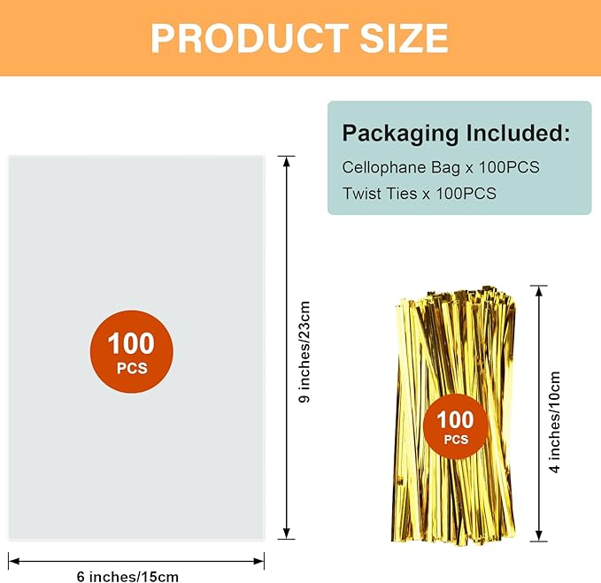 ZHEWTOEN 100 Pcs 6x9 Inch Clear Cellophane Bags with Color Twist Ties, Plastic Goodie Cello Treat Bags for Candy, Cookies, Popcorn, Small Gift Wrapping, Party Favors, Bakery Packaging