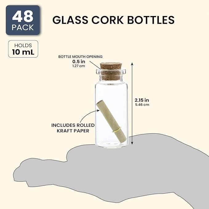 Bright Creations 48 Pack 10ml Create A Message In A Bottle Kit, Bulk Small Glass Cork Bottles with Mini Scrolls for Time Capsules, Wedding Favors