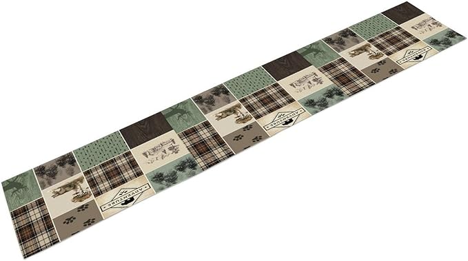 Bear Deer Table Runner,Rustic Lodge Retro Country Farmhouse Buffalo Plaid Print Tablecloth Burlap for Hotel Indoors Outdoor Dining Room Kitchen Home Decor,W13X L70 in