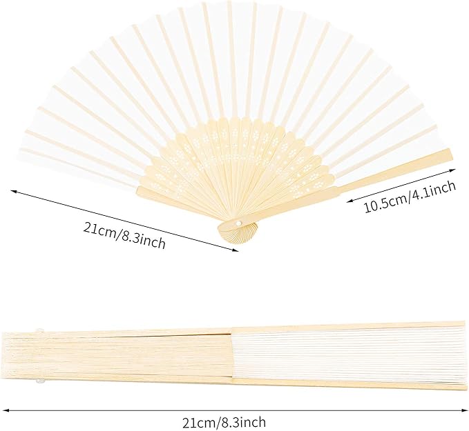 URATOT 24 Pieces White Folding Fans Silk Bamboo Folding Fans Handheld Fan for Wedding, Party Decoration