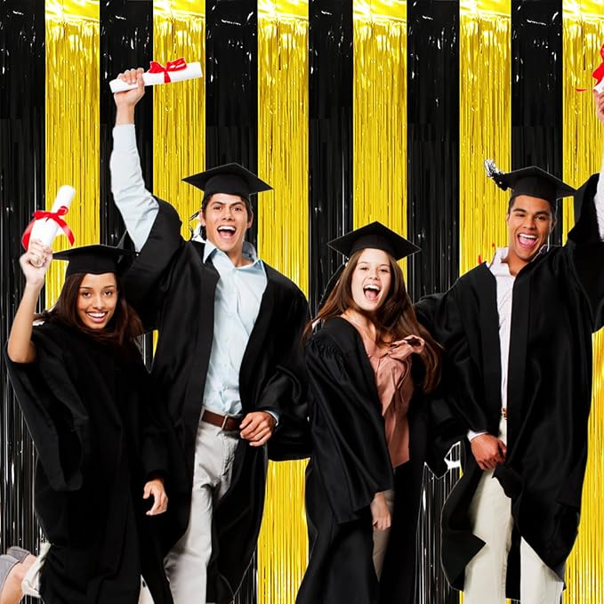 2 Pack Black and Gold Tinsel Foil Fringe Curtains, Black and Gold Party Decorations, Metallic Tinsel Party Streamers Backdrop for 2025 New Years Graduation Prom Party Decorations