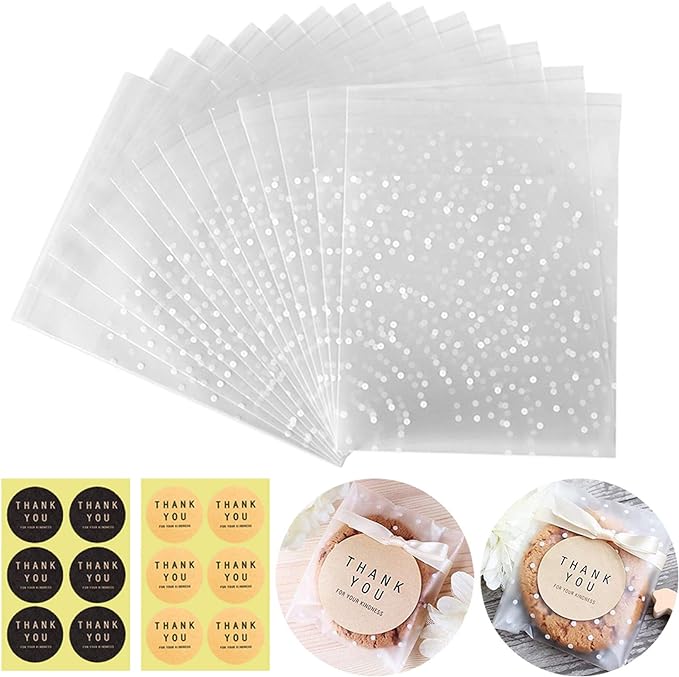 Searik Self Sealing Cookie Bags with Seal 4x6 Inches, 4 Mils Individual Self Adhesive Cellophane Plastic Candy Bags for Wedding Party Gift Giving Bakery Chocolate with Thank You Stickers 100 Pcs