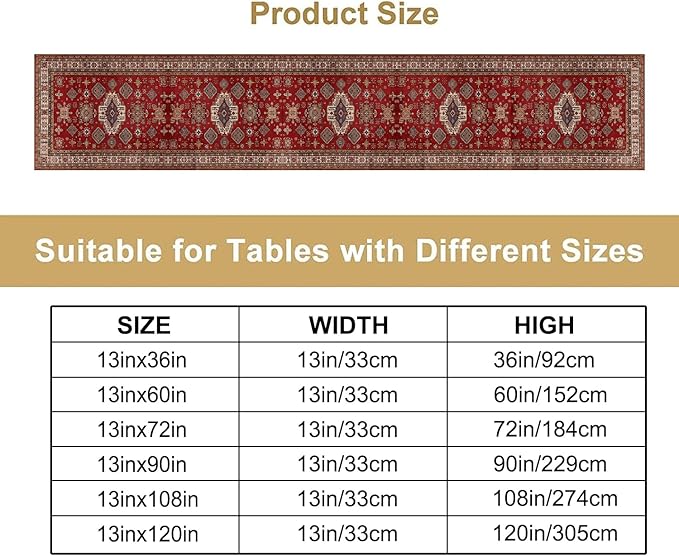 Boho Floral Vintage Table Runner, Retro Red Brown Flower Rustic Country Farmhouse Abstract Pattern for Home Kitchen Table Decor Dining Coffee Room Party Decor 13x60in