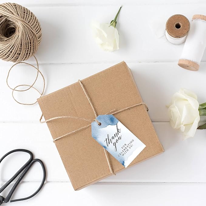 Andaz Press 100-Pack Thank You For Celebrating With Us Favor Tags Navy Blue Watercolor Cardstock Gift Tags with Bakers Twine for Wedding Baby Shower Bridal Shower Birthday Party Favors 2 x 3.75-Inches