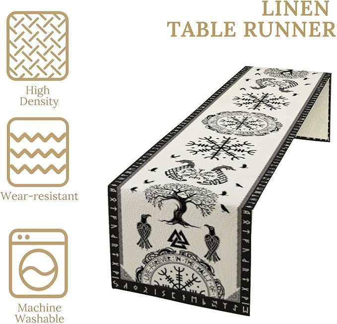 Ancient Abstract Pattern Table Runner, Tree of Life Eagle Dragon Boat Rudder Black and White Table Runner for Party Kitchen Dinner Cafe Bedroom Living Room Outdoor Table Runner 13x120 Inch
