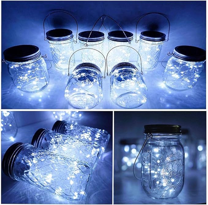 SunKite Solar Mason Jar Lights, 12 Pack 30 LED Waterproof Fairy Firefly Jar Lids String Lights with Hangers(NO Jars), Patio Yard Garden Wedding Decoration - Cool White