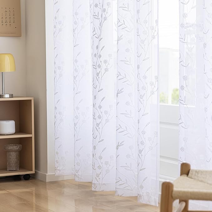 White Sheer Curtains Embroidery 63 Inch Length Rod Pocket Voile Drapes for Living room, Bedroom, Window Treatments Semi Flower Pattern Curtain Panels for Kitchen, Yard, Farmhouse, Set of 2, 52"x 63".