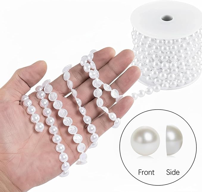 Flat Pearl Garland String 11 Yards, 10MM Half-Round Beaded Spool Roll Crafts for Wedding Decoration (White)