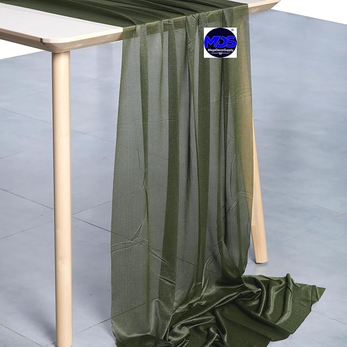 MDS Halloween Chiffon Table Runner - 20 Pack, 29 x 170 Inches, 14ft Each - Sheer Spooky Table Runners for Haunted House Parties, Trick-or-Treat Tables, Witchy Décor, Wedding & Events - Olive Green