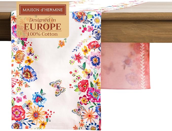 Maison d' Hermine Table Runner 100% Cotton Double Layer Table Runners 72 inches Long Decorative for Home Dining Party Wedding Bridal Shower Spring Summer (Happy Florals - High Summer, 14.50" x 72")