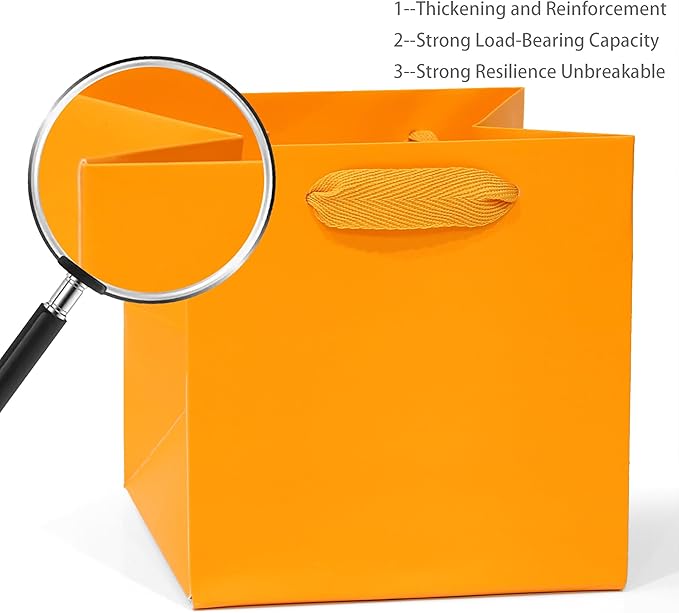 Orange Paper Gift Bag 4 in Paper Box Small Square Bottom Kraft Paper Bags with Handles for Wedding Baby Shower Birthday Party (Orange, 4 x 4 x 4 in, 10 CT)