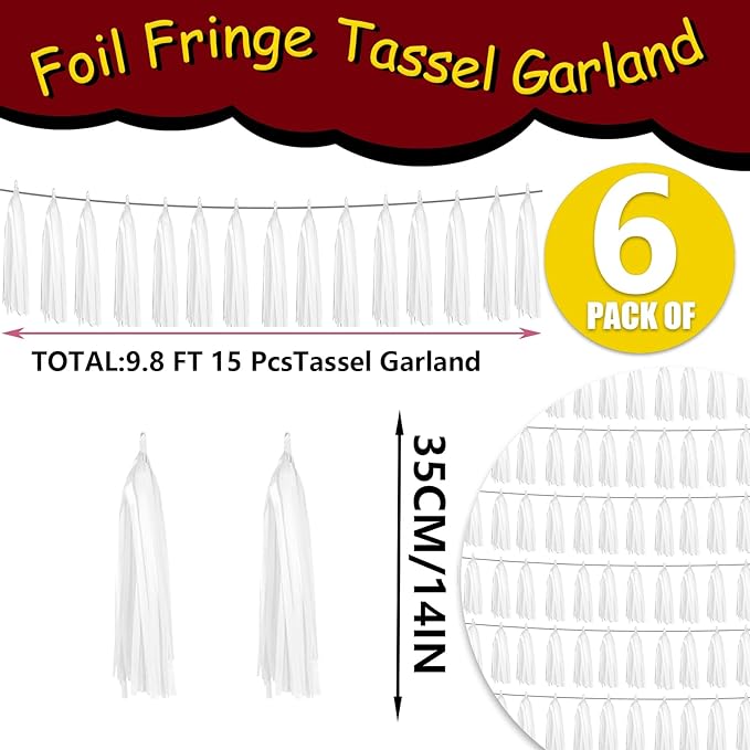 6P White Foil Fringe Metallic Tassel Streamers Banner Tassel Garland for Parade Floats, Graduation, Wedding, Birthday, Graduation, Christmas, Bridal/Baby Shower Party Decorations