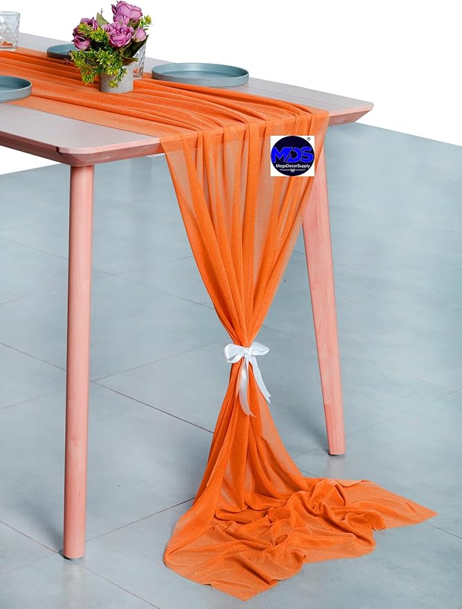 MDS 10 Pack 10ft Chiffon Table Runner 29 x 120 Inches Sheer Wedding Runner Romantic Rustic Table Runner for Wedding Decorations, Birthday Parties, Bridal Shower Party Arch Decor - Orange