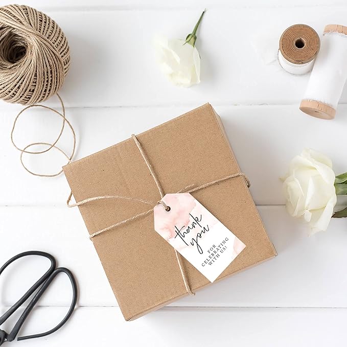 Andaz Press 100-Pack Thank You for Celebrating with Us Favor Tags Coral Brushed Watercolor Cardstock Gift Tags with Bakers Twine for Wedding Baby Shower Bridal Shower Party Favors 2 x 3.75-Inches
