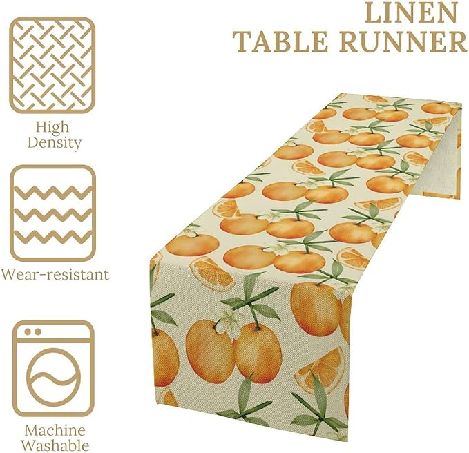 Spring Summer Orange Citrus Table Runner Watercolor Sweet Fruit Botanical Print Dinner Runner for Farmhouse Baby Shower Party Holiday Home Kitchen Dining Table Decor 13x36
