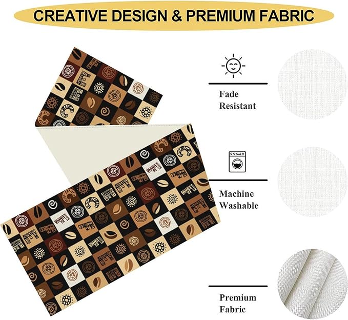 Coffee Theme Table Runner, Rustic Farmhouse Coffee Cup Latte Cappuccino Tea Party Cafe Table Center Decor for Home Kitchen Dining Patio Holiday Party Indoor Outdoor Table Decorations, 13"x72" Inch