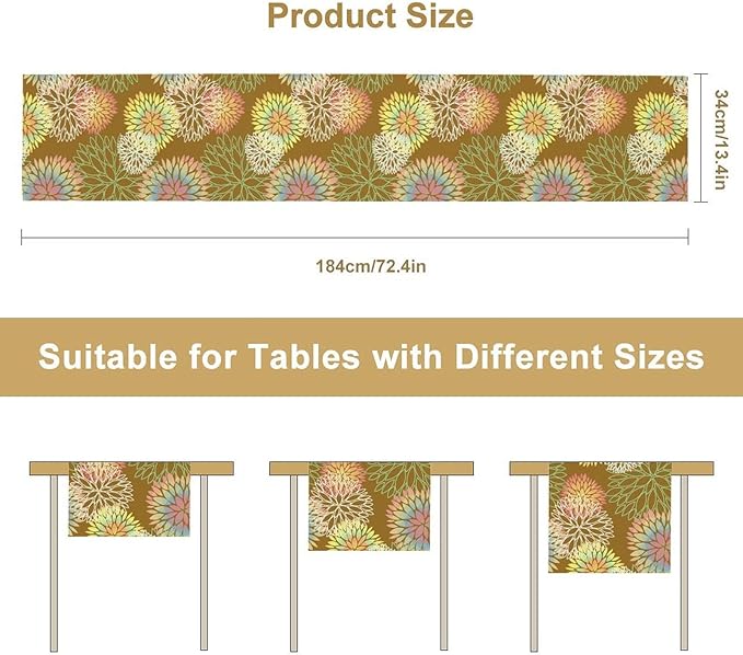 Brown Grey Dahlia Flower Table Runner, Linen Geometric Pattern Floral Table Decor Spring Farmhouse Decorations for Kitchen Dining Holiday Party Decor, 13x70 Inch