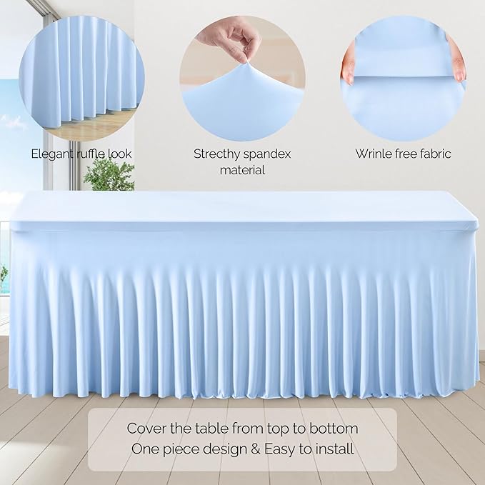 Wish Care 6 Pack Baby Blue Spandex Table Clothes for 6 Foot Rectangle Tables, 6FT Wrinkle Free Fitted Tablecloths Ruffles Design Table Cover for Party, Banquet, Wedding and Events