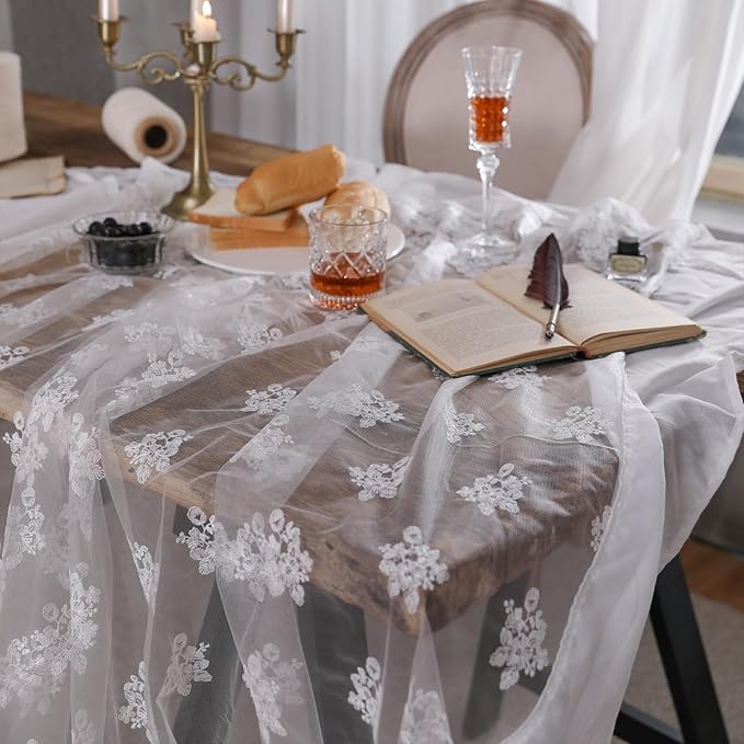 patdrea Designer White Lace Elegant Tablecloth for Rectangle Tables,Vintage Tulle French Romantic Knitted Embroidered Overlay Tablecloths Decor for Kitchen Wedding Banquet,59"*91"