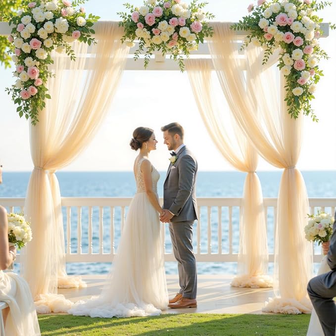Wedding Arch Draping Fabric Backdrop 2 Panel 60" x 26Ft Champagne Drapes Curtains for Wedding Reception Sheer Tulle Backdrop Curtain for Ceremony Birthday Party Baby Shower Arbor Ceiling Decorations