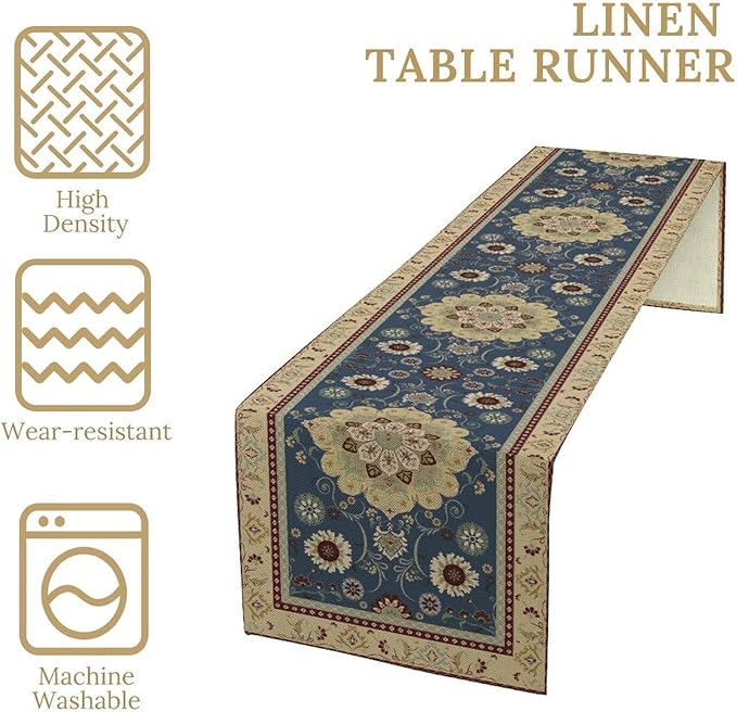 Vintage Boho Floral Table Runner, Elegant Rustic Country Farmhouse Blue Yellow Retro Flower Pattern for Home Kitchen Table Decor Dining Coffee Room Party Decor 13x108in