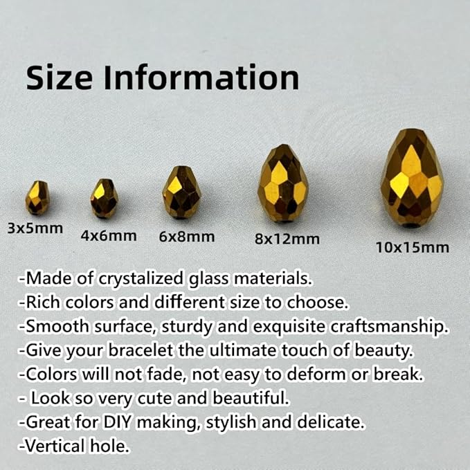 200pcs 3x5mm Teardrop Crystal Glass Beads for Jewelry Making, Faceted Vertical Hole Teardrop Glass Spacer Beads for Wind Chimes Bracelet Earring Necklace DIY Craft(Gold)