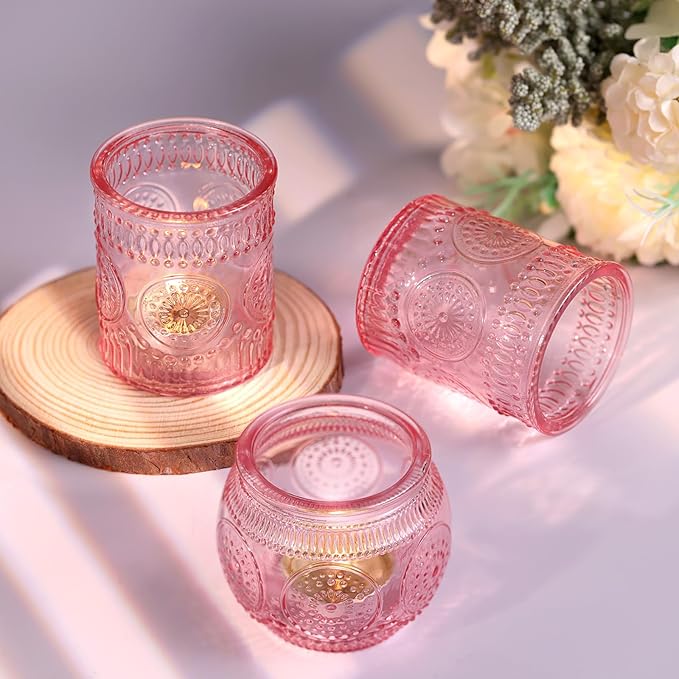 DARJEN 12Pcs Pink Votive Candle Holders - Glass Tea Light Candle Holder for Flameless LED Tea Waxes, Romantic Candle Holder for Wedding Decor, Various Parties & Dinner Table