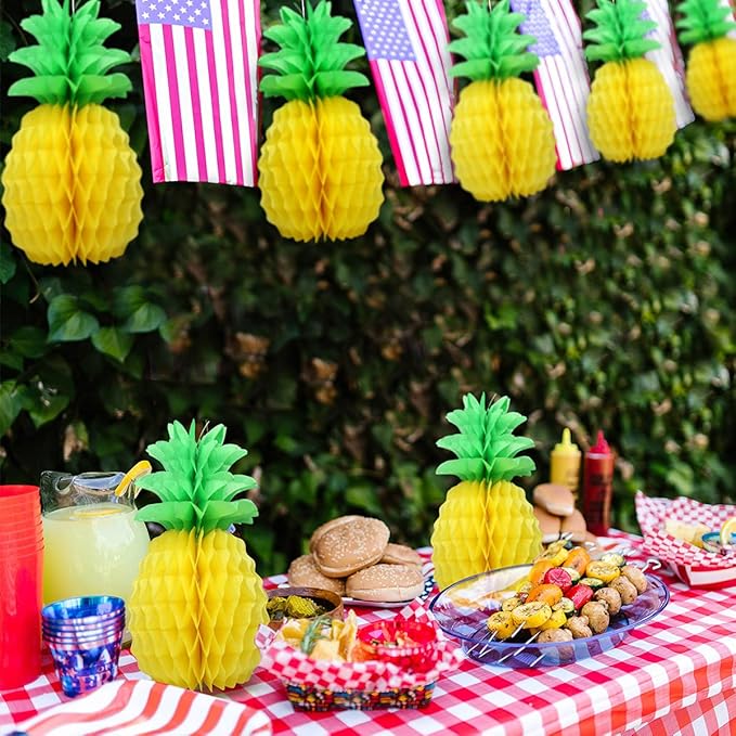 LYART 6 Pcs 14 Inch Pineapple Decorations for Tropical Flamingo Party Summer Hawaiian Luau Party Pineapple Honeycomb Tissue Centerpieces for Tables Hanging Decorations Favors