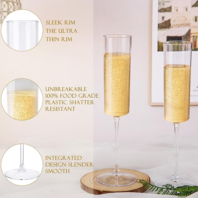 Ciaell 12 Pack Plastic Champagne Flutes - 6 Oz Clear Disposable Champagne Glasses - Square Plastic Toasting Glasses for Party Birthday Anniversary Wedding