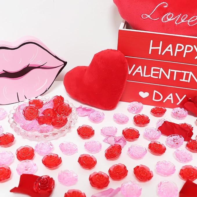 Fangoo 210PCS Red Pink Acrylic Rose Ornaments Mini Acrylic Rose Gems for Valentine Vase Filler Decor for Table Scatter Engagement Valentine's Day Wedding Anniversary Party (RedPink-Rose, 12OZ)