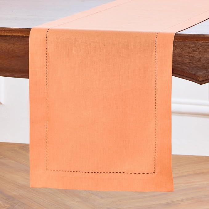 Solino Home Linen Coral Table Runner 132 Inches Long - 100% Pure Linen Extra Long Table Runner 14 x 132 Inch - Classic Hemstitch
