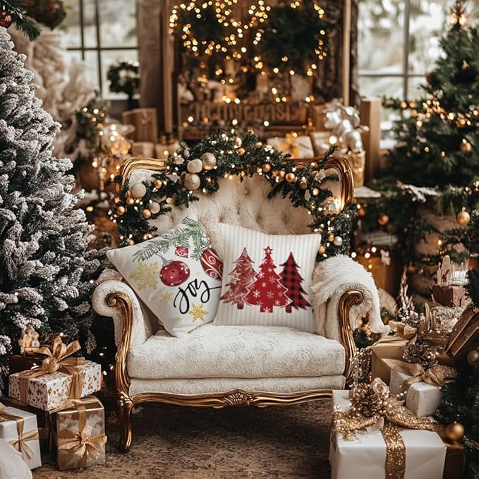 GEEORY Winter Christmas Throw Pillow Covers 16 x 16 Inch Set of 4, Xmas Trees Snowflake Snowman Joy Holiday Farmhouse Decorative Cushion Cases for Home Decoration G583-16