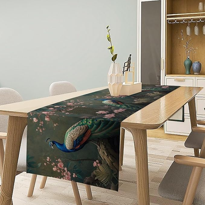 Peacock Table Runner,Vintage Aesthetic Peacock Birds Table Runner for Home Kitchen Dining Party Indoor Outdoor Decoration 13x70 Inch