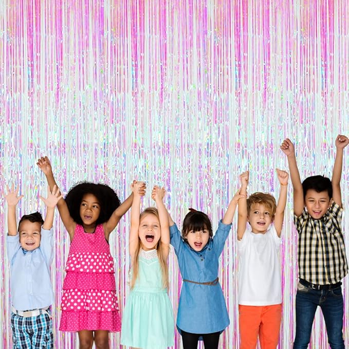 GOER 3.2 ft x 9.8 ft Metallic Tinsel Foil Fringe Curtains Party Photo Backdrop Party Streamers for Birthday,Graduation,New Year Eve Decorations Wedding Decor (Iridescent,5 pcs)