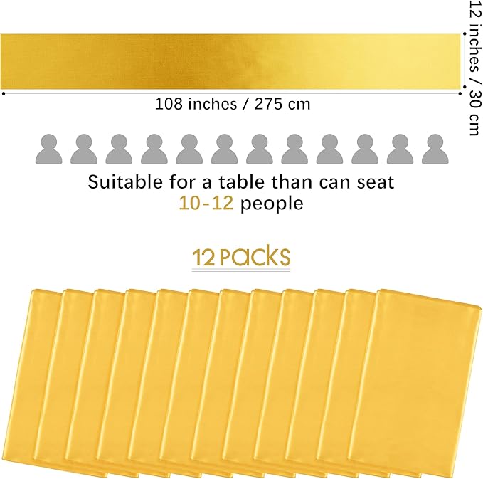 Aneco 12 Pack Satin Table Runner 12 x 108 Inch Gold Long Wedding Satin Silk Table Runner for Wedding Banquet Graduations Birthday Party Decoration